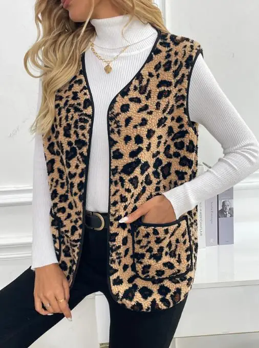 Nuovo gilet senza maniche in peluche con stampa leopardata autunno e inverno per giacca gilet in peluche senza maniche calda a tubo dritto casual da donna