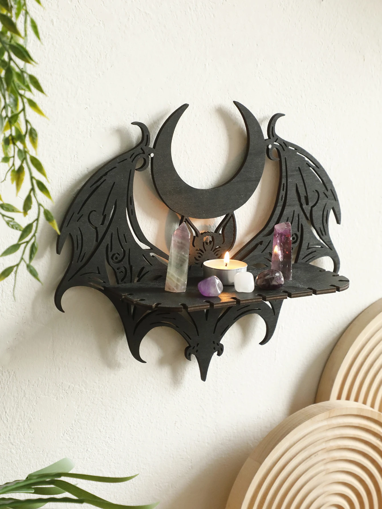 Black Wooden Wall Shelf Gothic Bat Moon Profiling Hollow Pattern Floating Shelf Crystal Holder Goth Home Decor Witch Room Decor