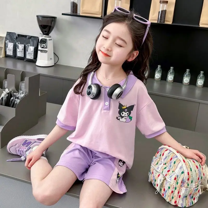 Anime Sanrios-Ropa deportiva de manga corta para niños, camiseta Kawaii Kuromi, pantalones cortos de moda, conjunto de dos piezas, ropa informal de verano