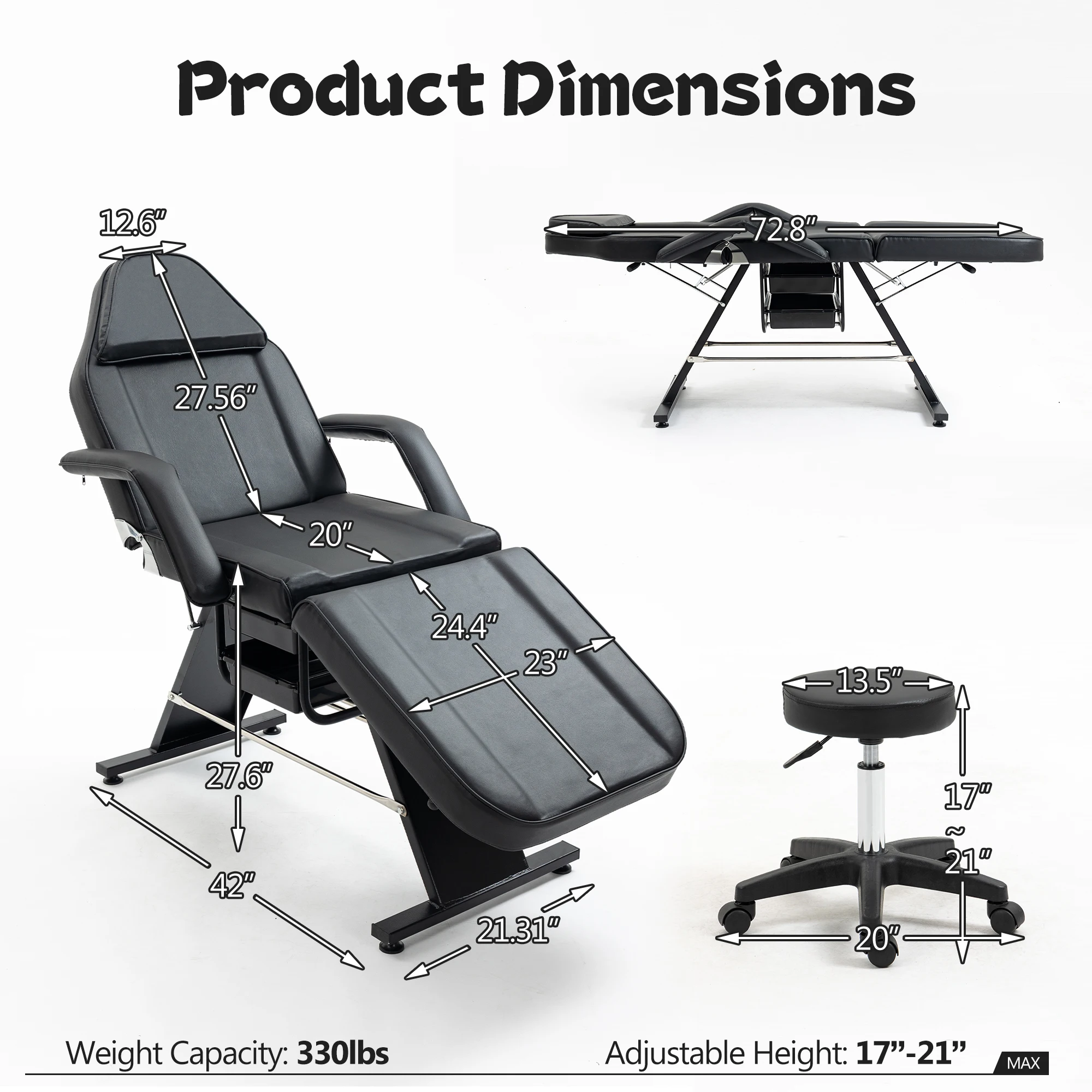 Upgraded Adjustable 3 Section Massage Table Esthetician Facial Bed with Hydraulic Stool and 2 Trays Tattoo Spa Barber Salon Beauty Black