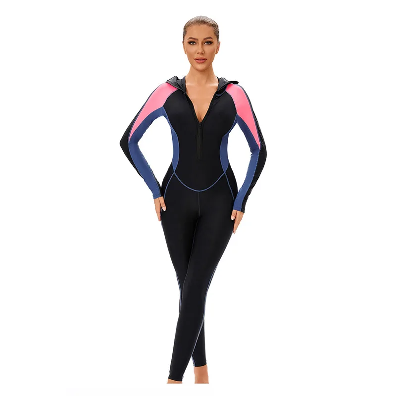 Muslim Women's Dignified Color Blocked One-Piece Long Sleeved Sunscreen One-piece Swimsuit Fully Enclosed And Conservative