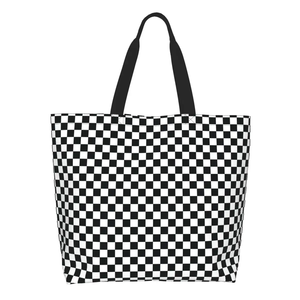 

Custom Black White Checkered Plaid Grid Groceries Tote Shopping Bag Women Canvas Shopper Shoulder Bags Large Capacity Handbag