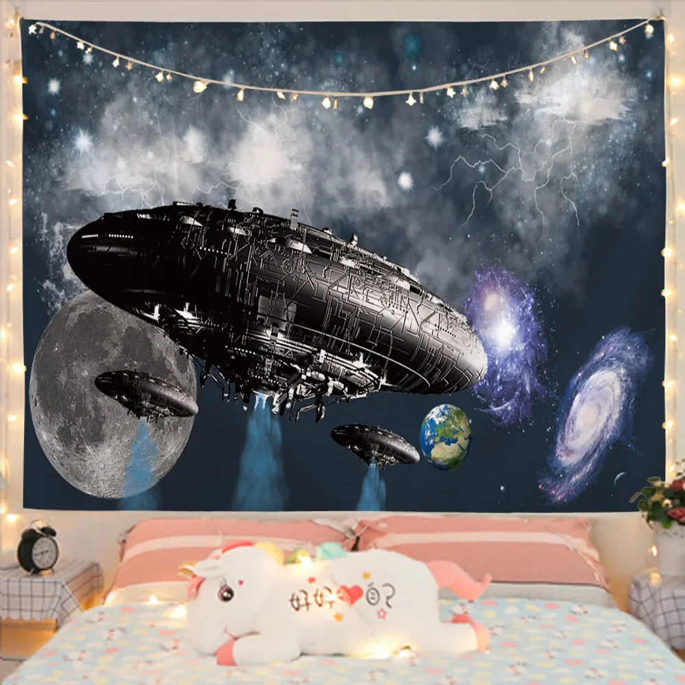 Mysterious Spacecraft Tapestry Hanging Exoplanet Theme Dorm Decor Starry Sky Universe for Bedroom Living Room Home Decorations