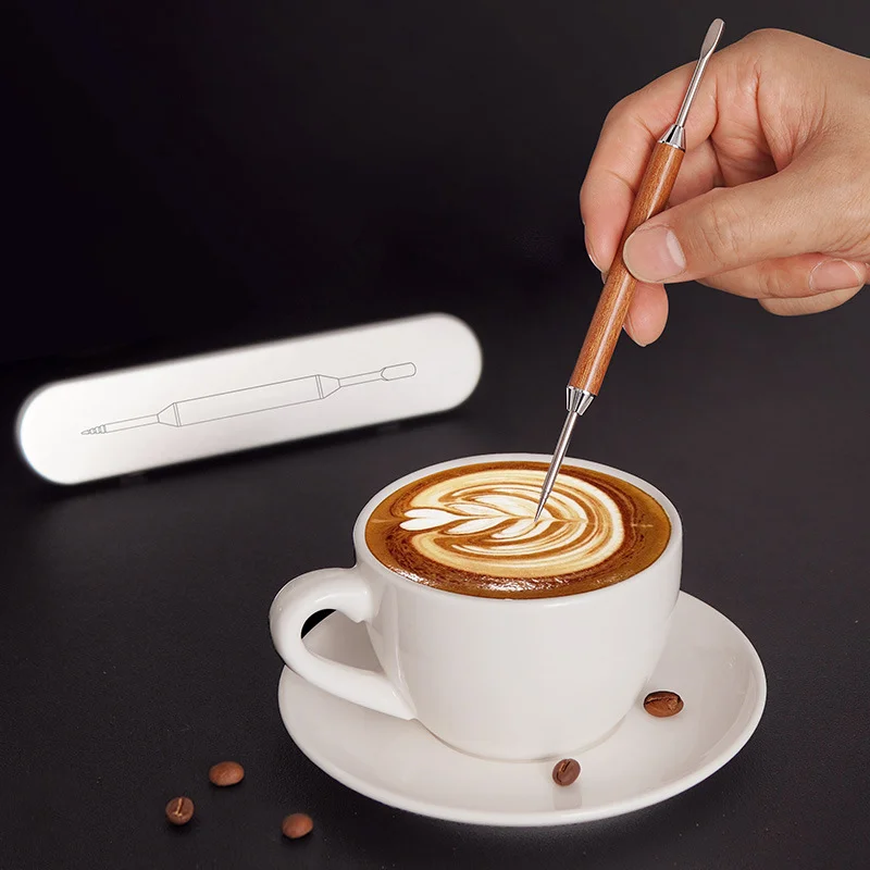 Coffee Latte Needle Stainless Steel Carved Needle Solid Wood Carved Stick Latte Fancy Coffee Drawing Pen Barista Tool