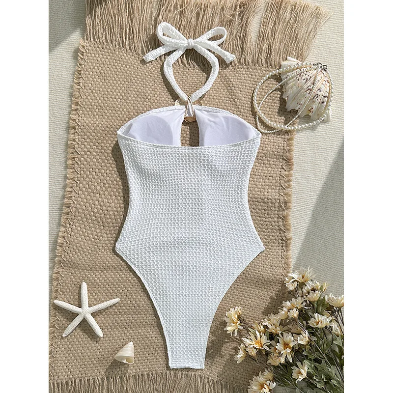 2026 Women's White Cutout One-Piece Swimsuit Halter Neck Tummy Control Backless Hot Spring Monokini Bodysuit Tops Beachwear Ropa