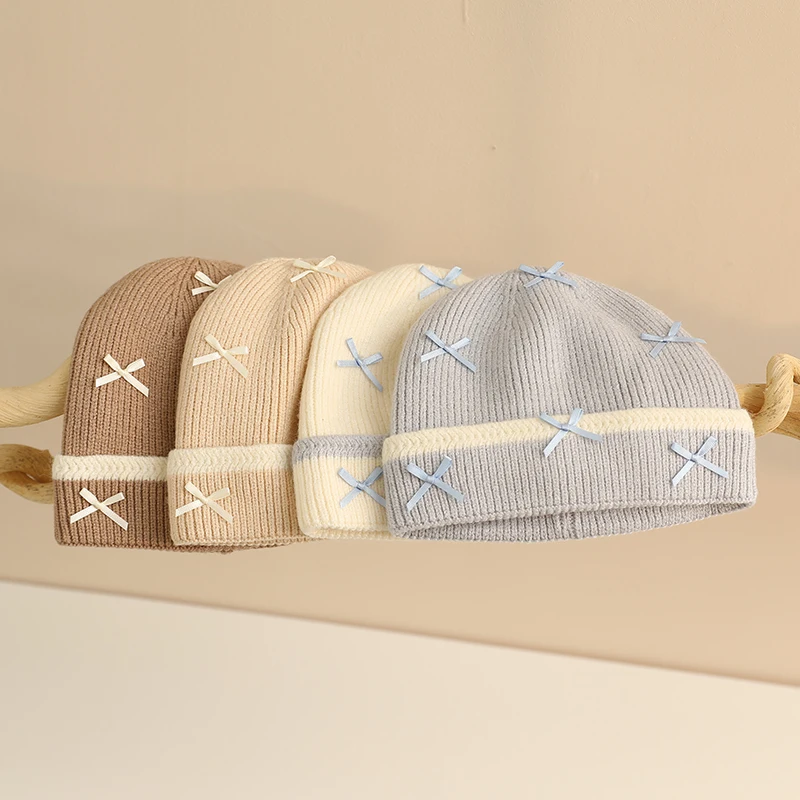 New Winter Baby Beanies Girls Cute Sweet Bowknot Knitted Hats Newborn Soild Color Soft  Wool Warmer Stuff Infant Toddler Cap