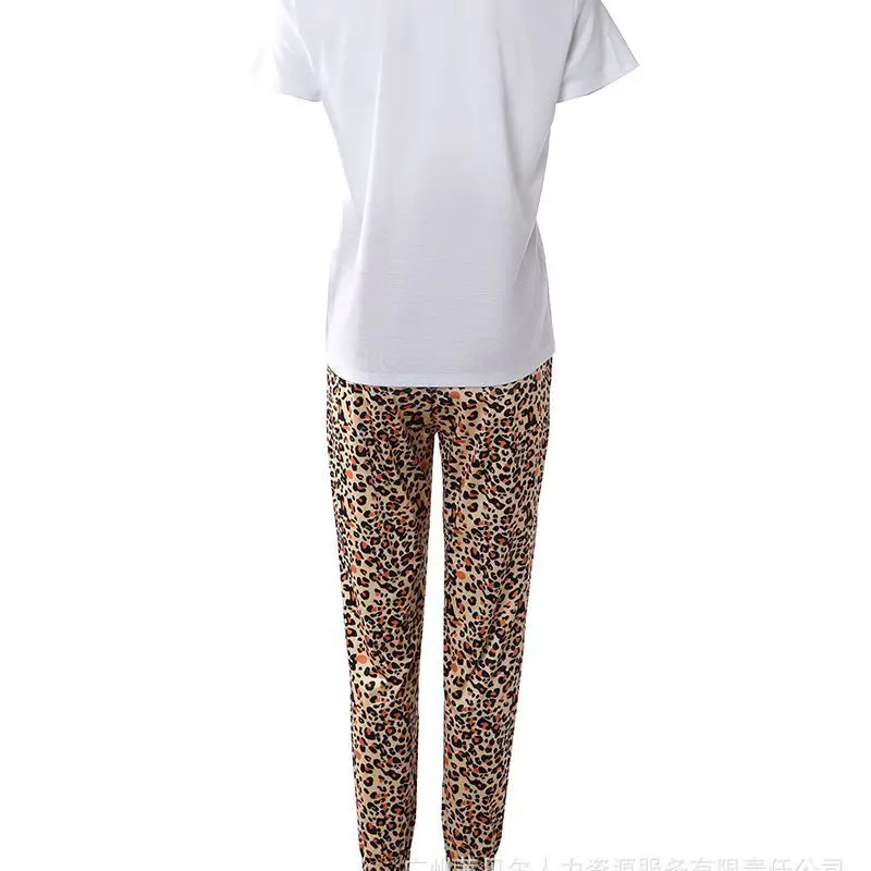 Two Piece Set for Women 2023 Summer Fashion New Leopard Print Short Sleeve Letter T-shirt Casual Silm Pants Set Female Clothing