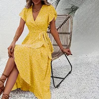 Vestido de verano con volantes y estampado de flores para mujer Moda 2025 Vestidos elegantes de manga corta con cuello en V y lazo lateral