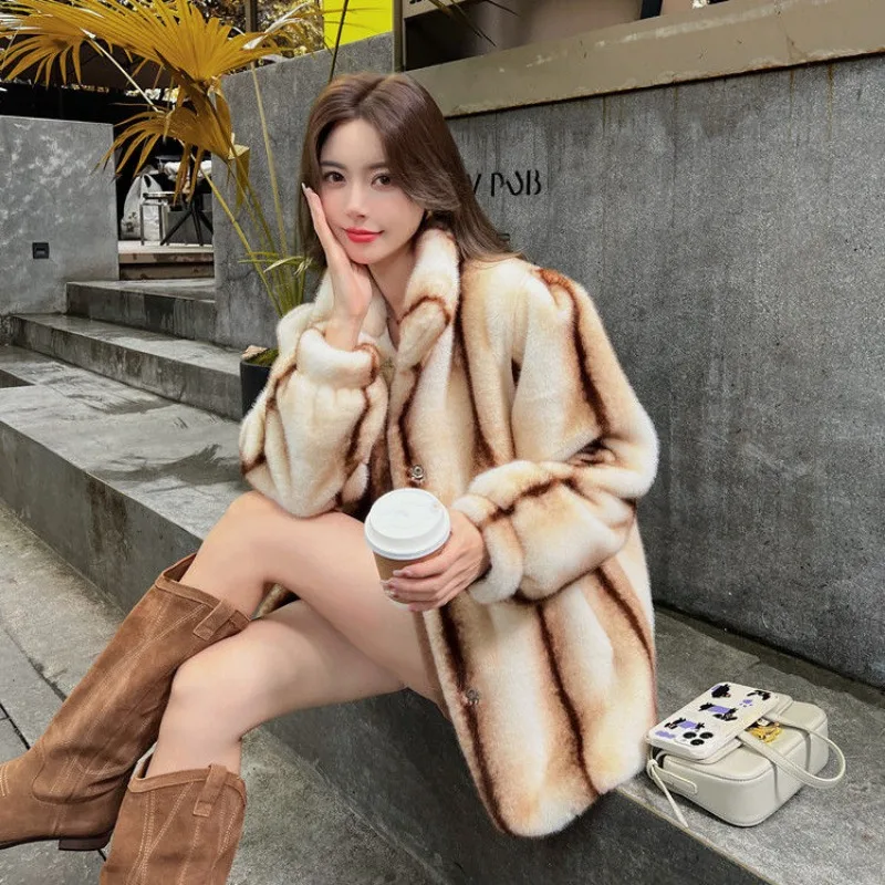 Women Fashion Retro Eco-friendly Fur Coat Winter New Female Mid-Length High-Grade Loose Casual Mink Fur Thicken Fleece Overcoat