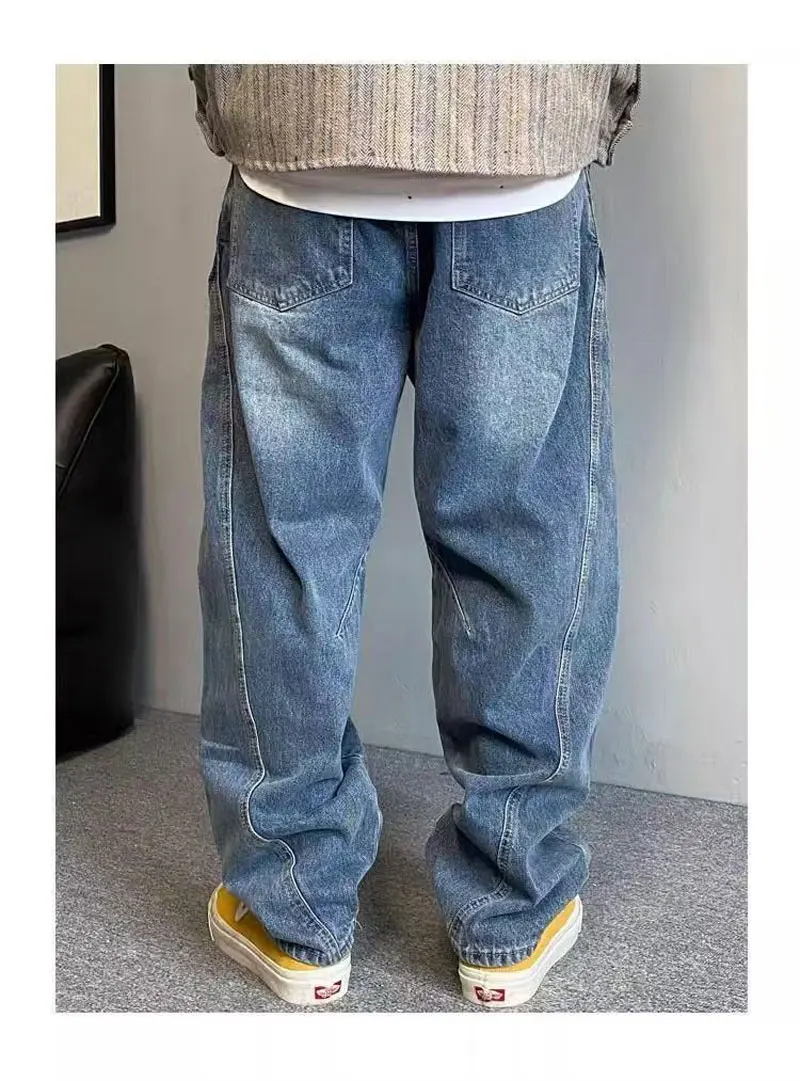 بنطلون جينز رجالي كبير الحجم كاجوال فضفاض مستقيم مدبب من قماش الدنيم ثقيل مغسول وواسع الساق مقاس كبير (50-150 كجم)
