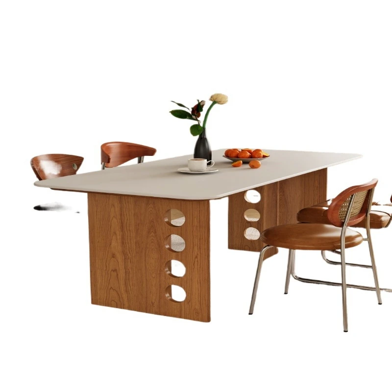 

Medieval rock slab dining table, household small apartment, ash wood solid wood long table