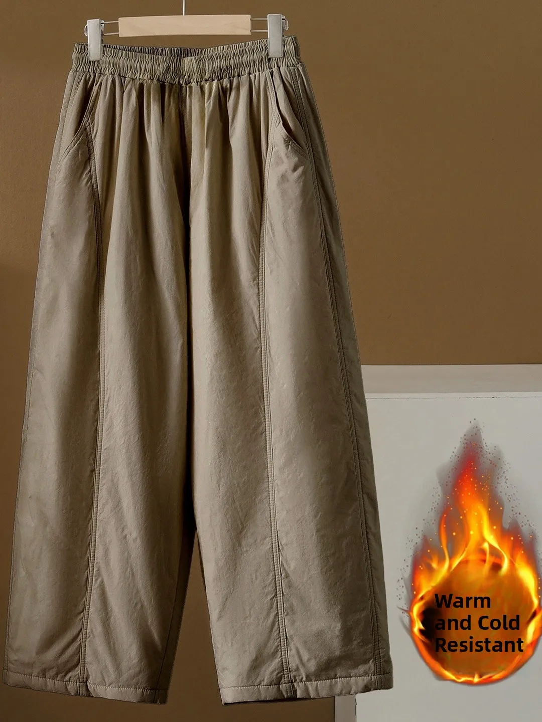 Thiened القطن بنطال ذو قصة أرجل واسعة شتاء جديد Sle لون نقي المرأة فضفاضة عادية ثنى بنطلون طويل عالية الخصر القطن #2