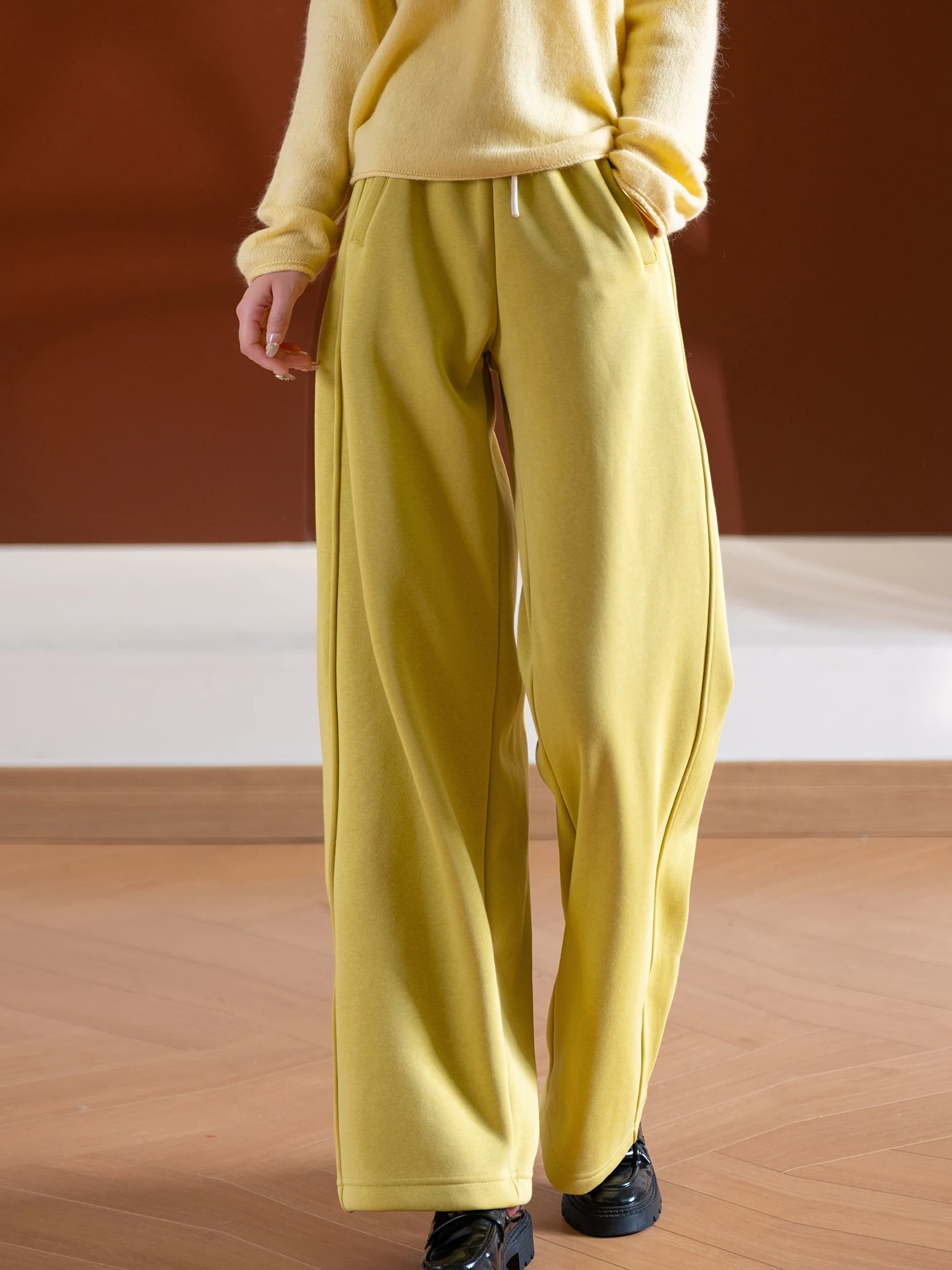 

Soft Combed Cotton Milk Velvet Fce Lined Straight Leg Pants Women's Elastic Waist Casual Trousers Warm Daily Wear