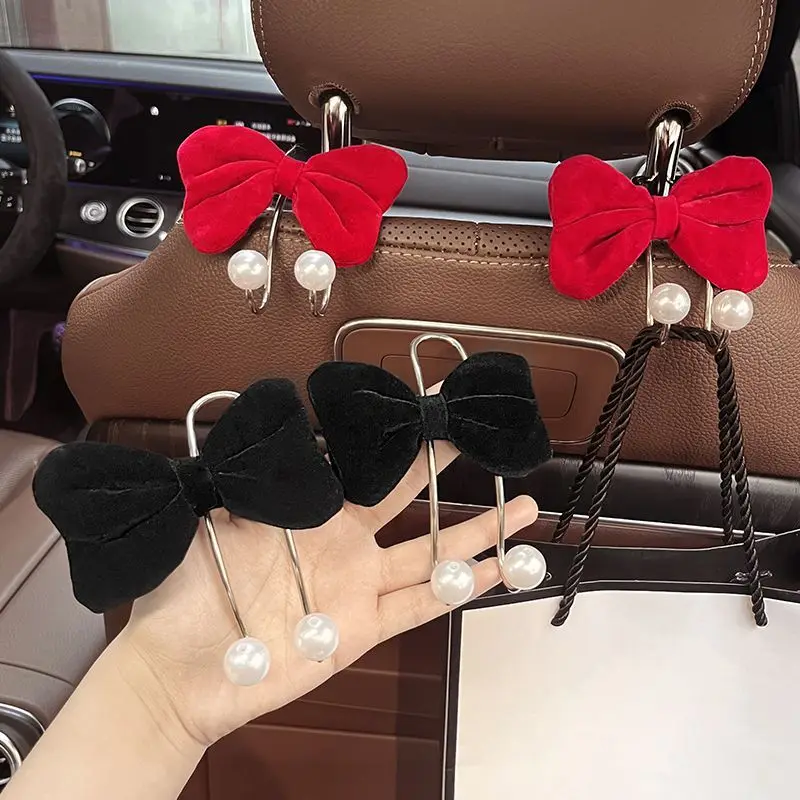 2pcs Car Rear Seat Hook, Cute Bow Headrest Hanger Hook, Closed Design Stainless Steel Auto Hook, Multipurpose Car Interior Holde