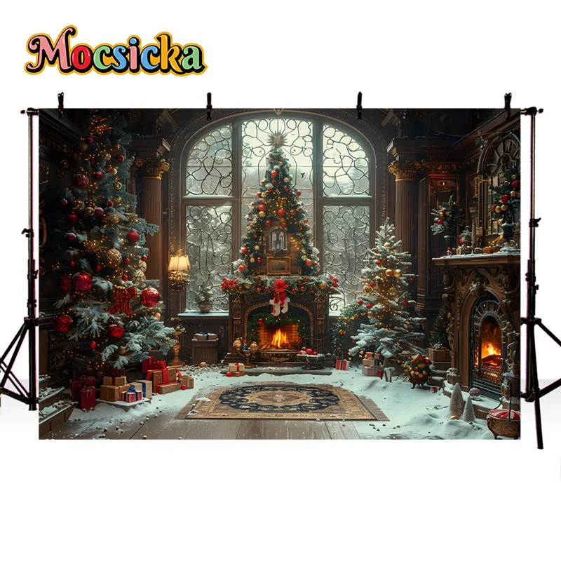 

Winter Photography Background Xma Party Christma Tree Fireplace Decora New Year's Eve Family Portrait Studio Photo Banner