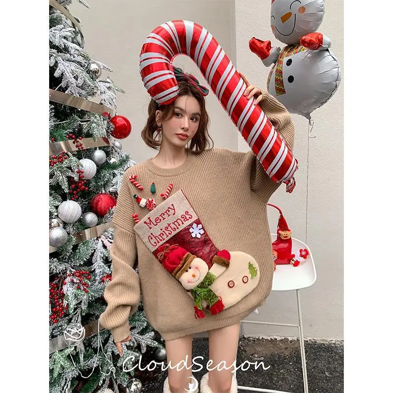 Korobov Vintage Christmas Sweater Lazy Thicken Pullover Coat Autumn Winter Cartoon 3D Decoration Knitwears Fashion Sueter Mujer