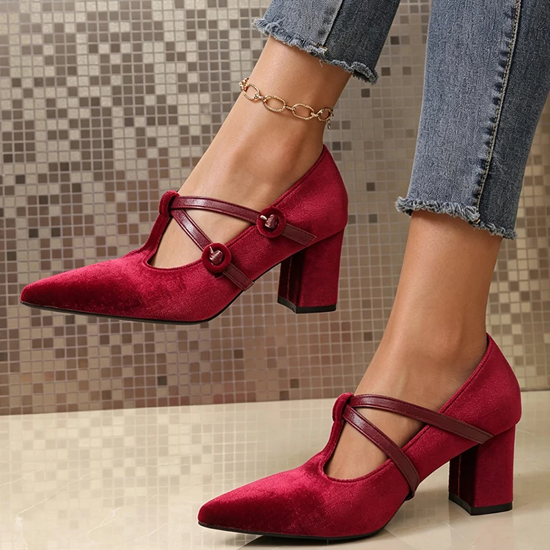 Zapatos de Tacón Alto de Terciopelo Rojo Francés para Mujer, Diseño Otoñal, Punta Puntiaguda, Tacón Grueso, Zapatos de Vestir de Noche, Sandalias con Tiras Cruzadas para Mujer