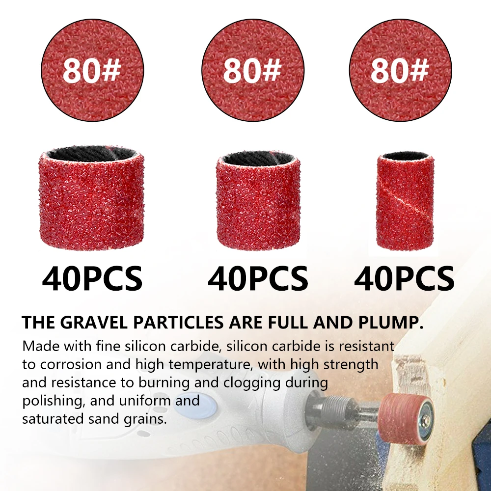 XCAN 132 Stück Schleiftrommel-Set, Körnung 80, Schleifbänder, 1/4 3/8 1/2 Dorne, für Dremel-Zubehör, Drehwerkzeug