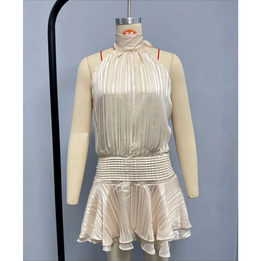 Summer Solid Scarf Collar Mini Dress Women's Elegant Sleeveless Ruffle Hem A-line Vestidos 2025 Female Chic Evening Party Gowns