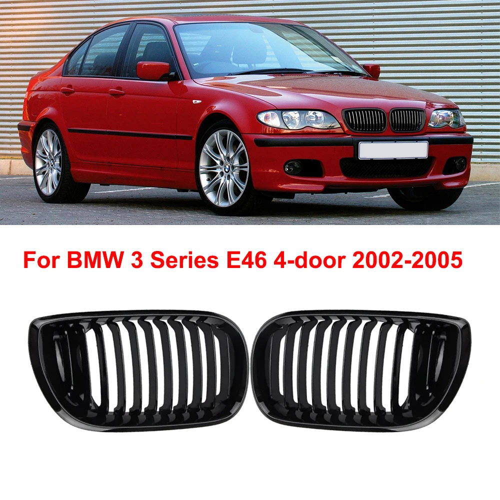 2Pcs Single Slat Line Front Bumper Kidney Grill  Hood Inlet Grille Replacement For BMW E46 4Door 325i  2002-2005 Facelift