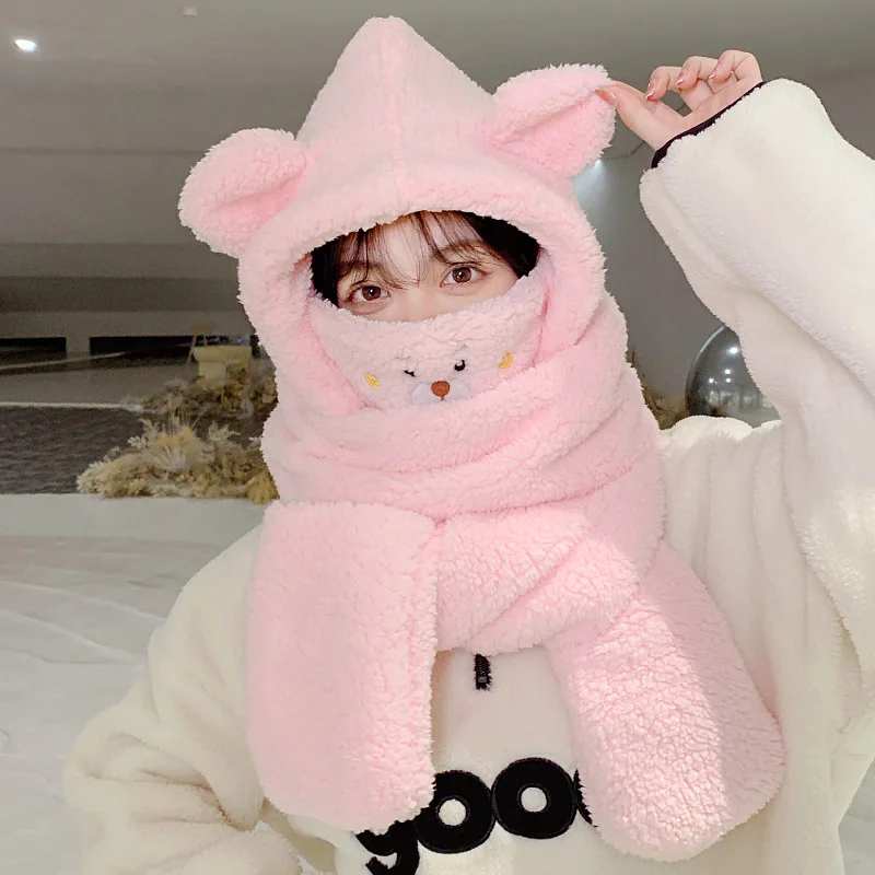 المرأة قبعة قبعة الشتاء المرأة لطيف بالاكلافا الدب الصغير قبعة وشاح قطعة واحدة قفاز ثلاثة في واحد سميكة قبعة صوفية دافئة