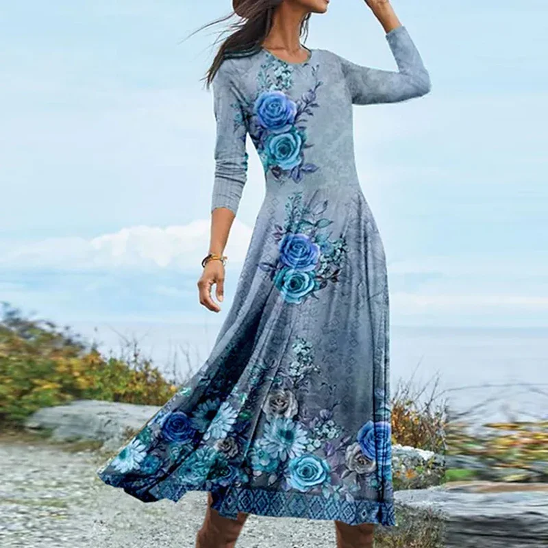 Elegant Bohemian Beach Dress Vintage Floral Print Pleated A-line Dress Casual Chic Long Sleeve Round Neck Women Party Long Dress