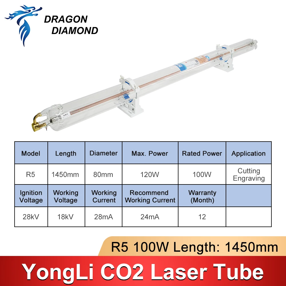 Yongli R5 100W-120W CO2 Laser Tube Glass Pipe Metal Head Length 1450mm Dia.80mm For CO2 Laser Engraving Cutting Machine