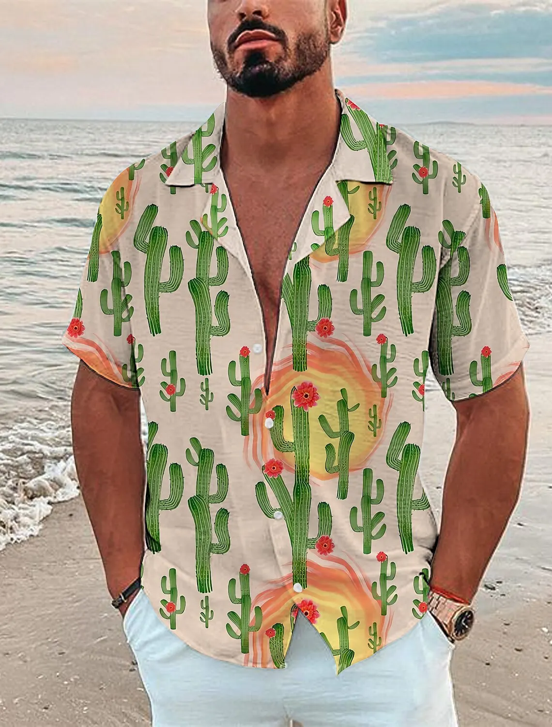 Men\'s Shirt Cactus 3D Print Men\'s Clothing Oversized Summer 2024 New Travel Hawaii Beach Hawaiian Harajuku Short Sleeves Shirt