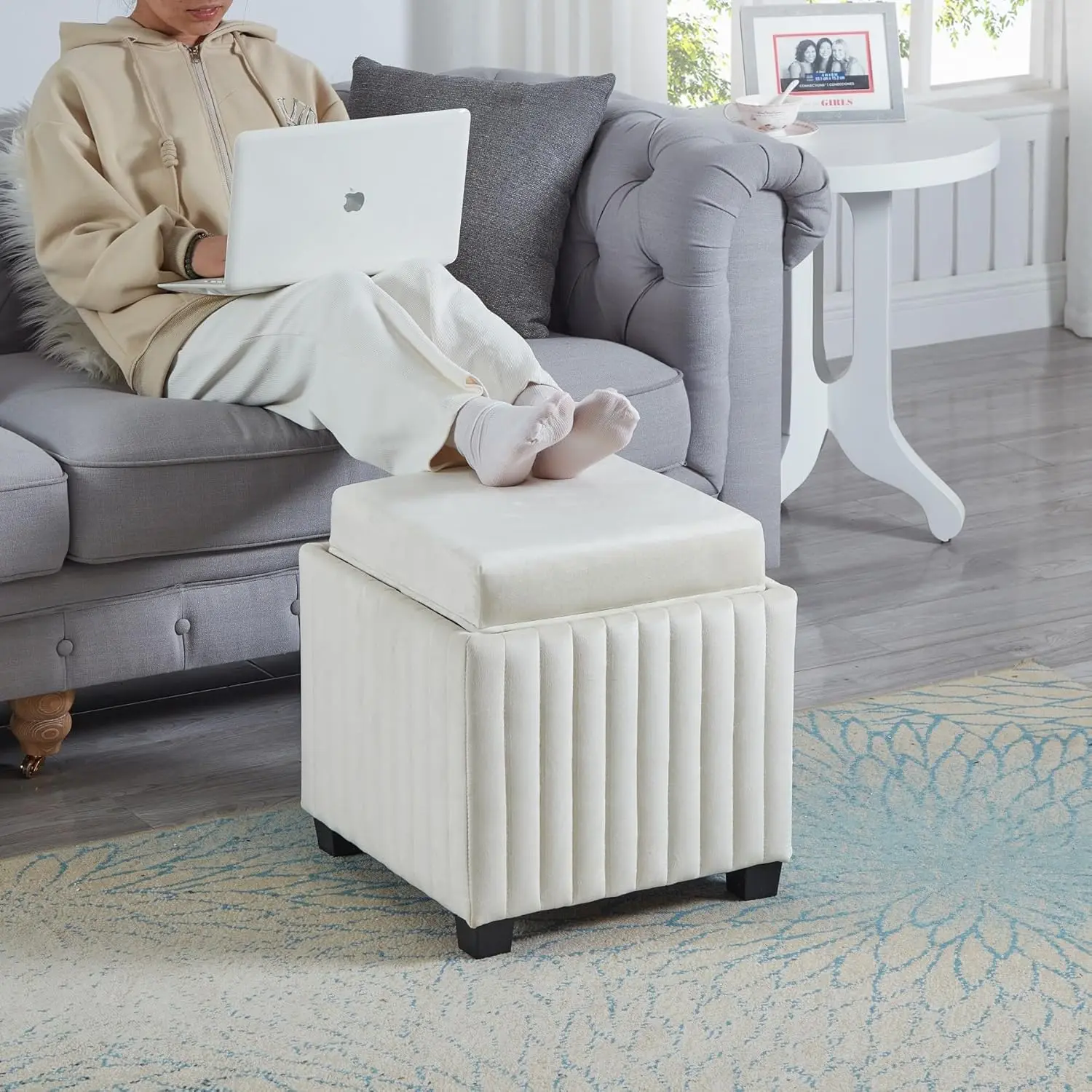 Versatile Beige Ottoman, Velvet Storage Ottoman Cube with Tray Large Storage, Cube Serve as Side Table Foot Rest Footstool Bench