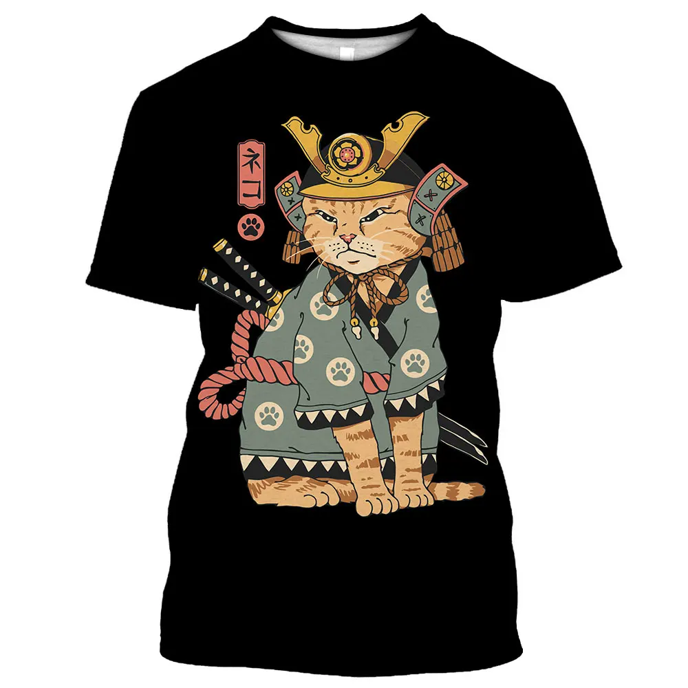 Unisex 2024 Samurai Cat Tattoo Shirt For Men 3d Print Cool Classic Art Shirt For O Neck Tops Tee Vintage Fuuny T-shirt Men Women