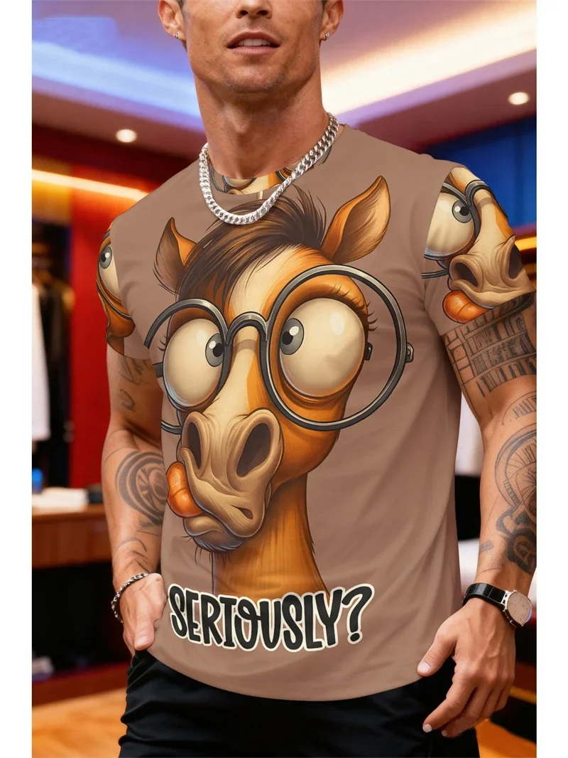 Herren-T-Shirt mit lustigem Cartoon-Pferd-Print, lässiges Rundhals-Kurzarmshirt, neuartiges Tier-Grafik-Oberteil für Freizeitkleidung