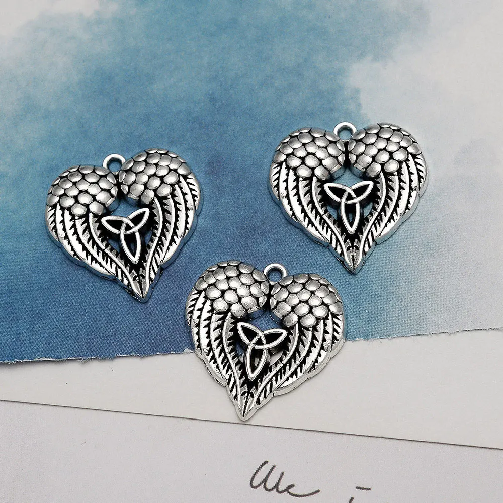 10pcs/Lots 22x22mm Antique Heart Angel Wings Charms Irish Celtic Knot Amulet Pendant For DIY Earring Jewelry Making Supplies