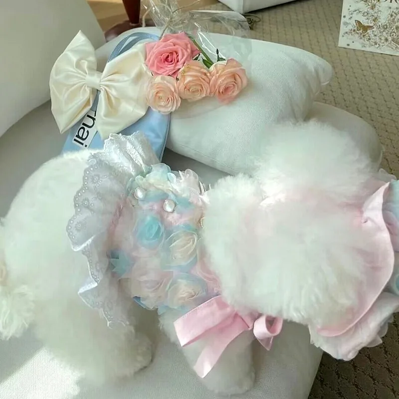 

High Quality Dog Clothes Rose Petal Dress Pet Summer Halter Teddy Pretty Flower Pullover Bichon Frise Skirt