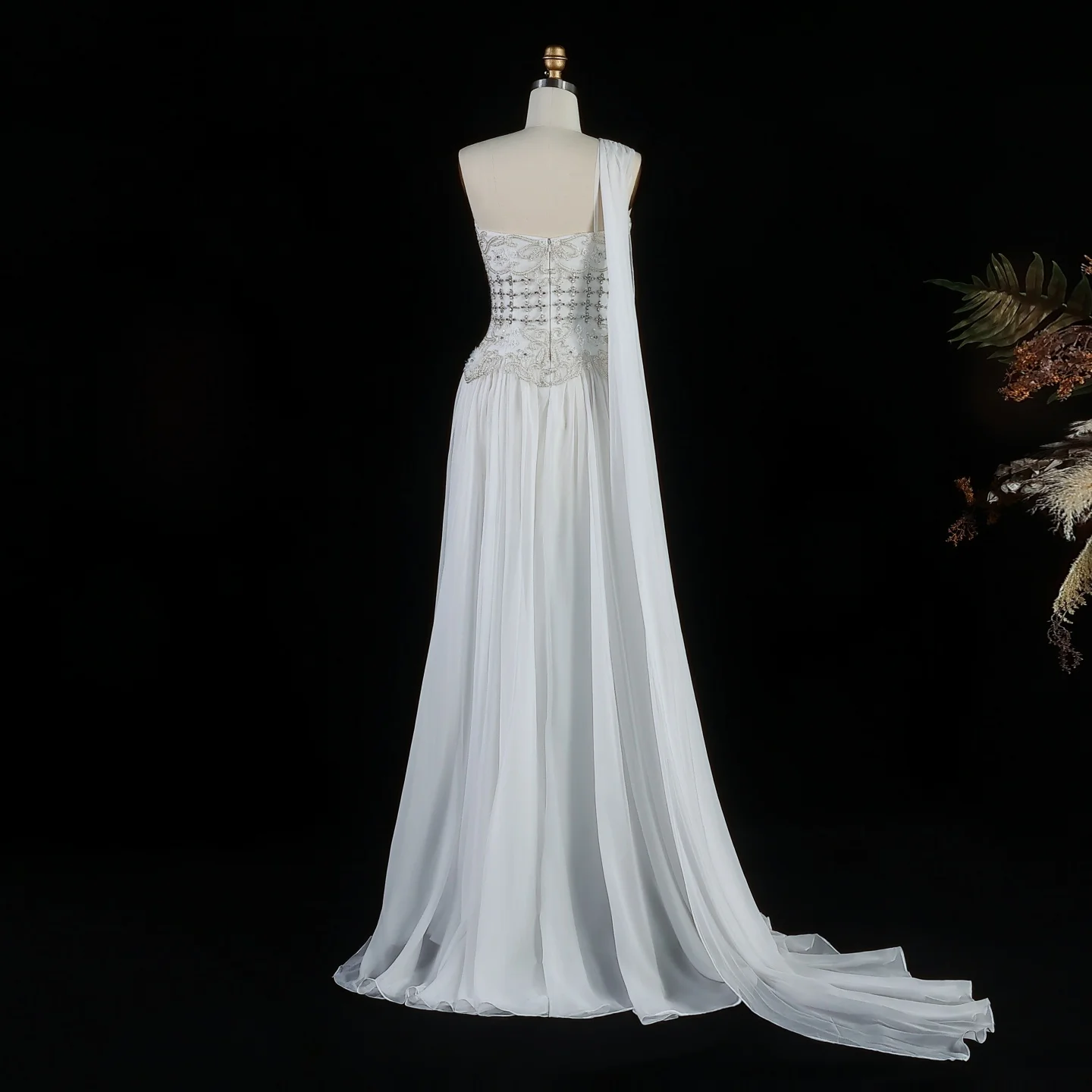 Sharon Said Elegantes Blaues Chiffon-Abendkleid, Einschultriges, Handbesticktes 3D-Blumenkleid für Hochzeitsfeier, SS285, Maßanfertigung – Detail 17