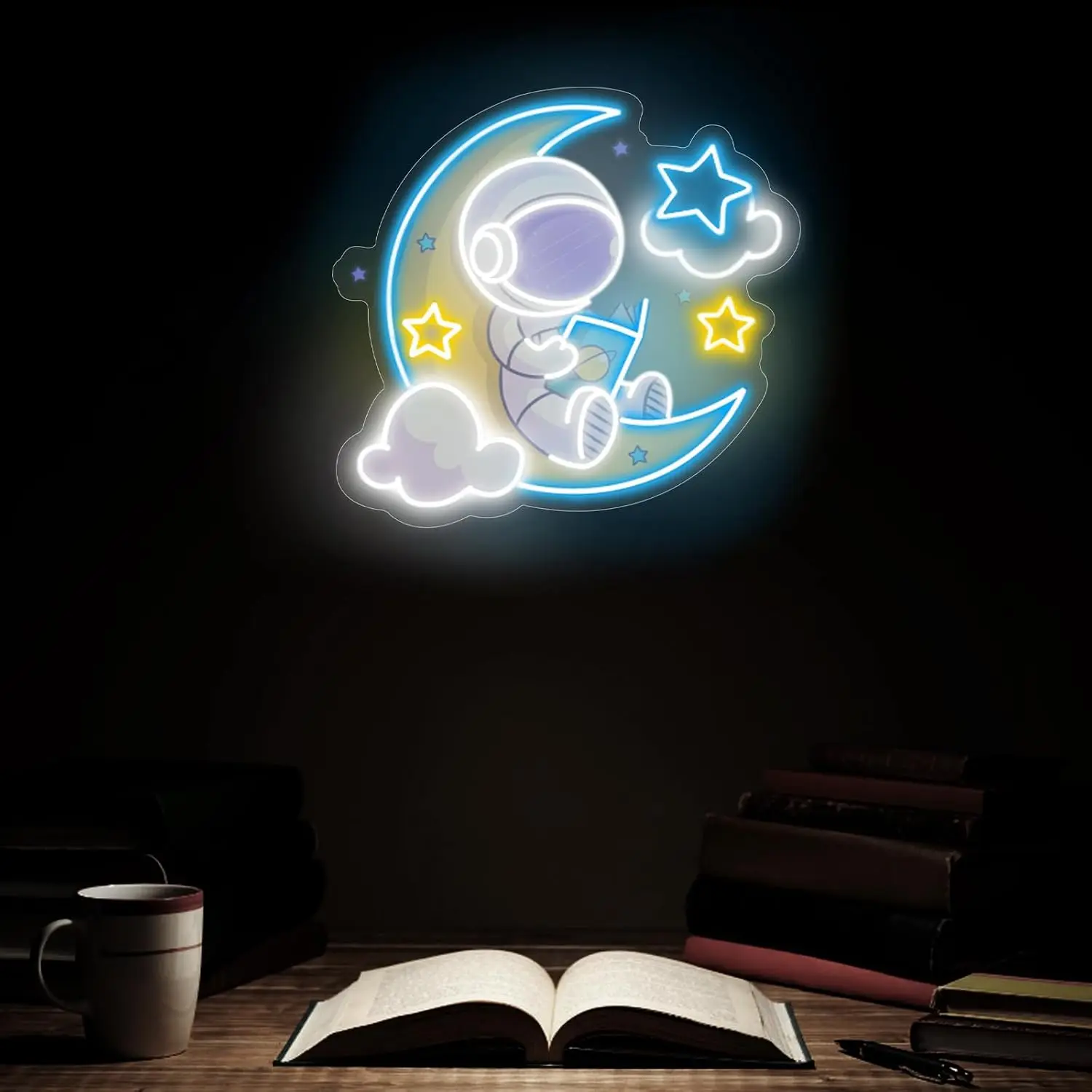 Astronaut Reading On Moon LED Neon Sign USB Powered Neon Light Space Theme Wall Decor Kids Bedroom Night Lamp Birthday Gift