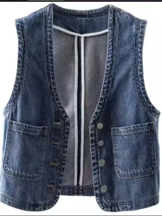 

Джинсовый жилет в стиле ретро, женский ор, облегающий крой, верхняя одежда с v-образным вырезом, весенне-осенний новый корейский Faion Commute Sle ket D...