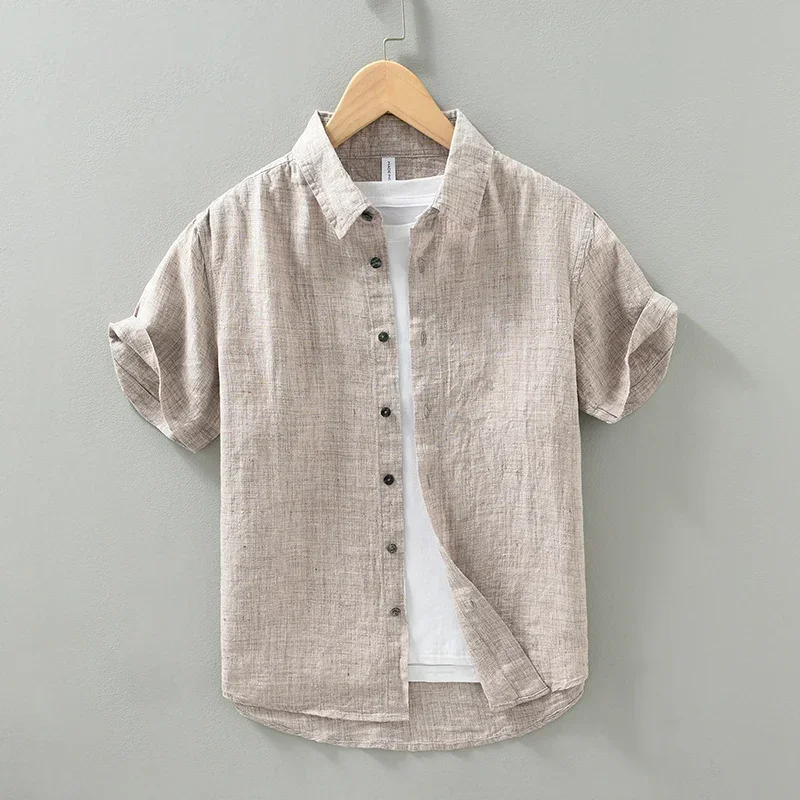 Pure Linen Casual Shirts Men Casual Fashion Solid Short Sleeve Shirt Man Large Size Button-up Shirt