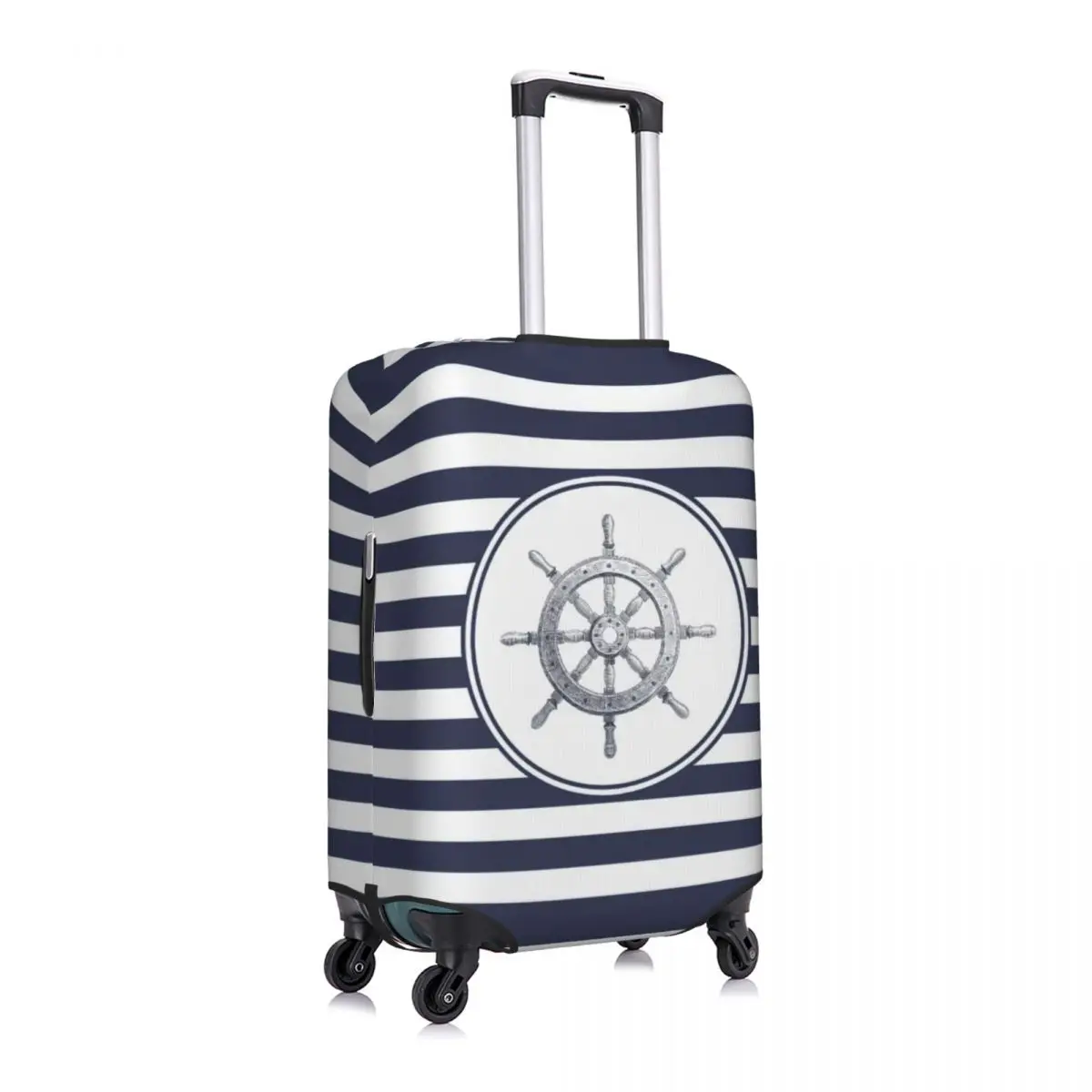 Custom Navy Blue Nautical Wheel Anchor Travel Luggage Cover Elastic Suitcase Cover Protector Fit 18-32 Inch