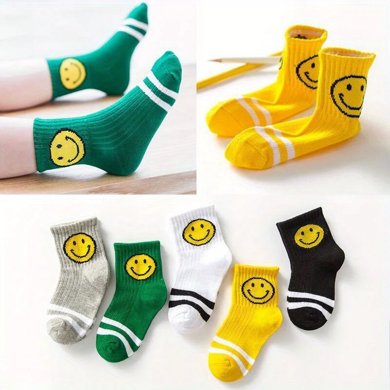 5 Pairs Kids Smile Face Crew Socks Double Striped Soft Cotton Breathable Children Casual Socks