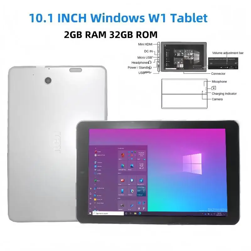 W1 32-Bit 10.1 Inch 1280x800IPS Windows 10 Tablets Intel Z8350 2GB RAM 32GB ROM 4-Cores 6000mAh HDMI Port USB 3.0