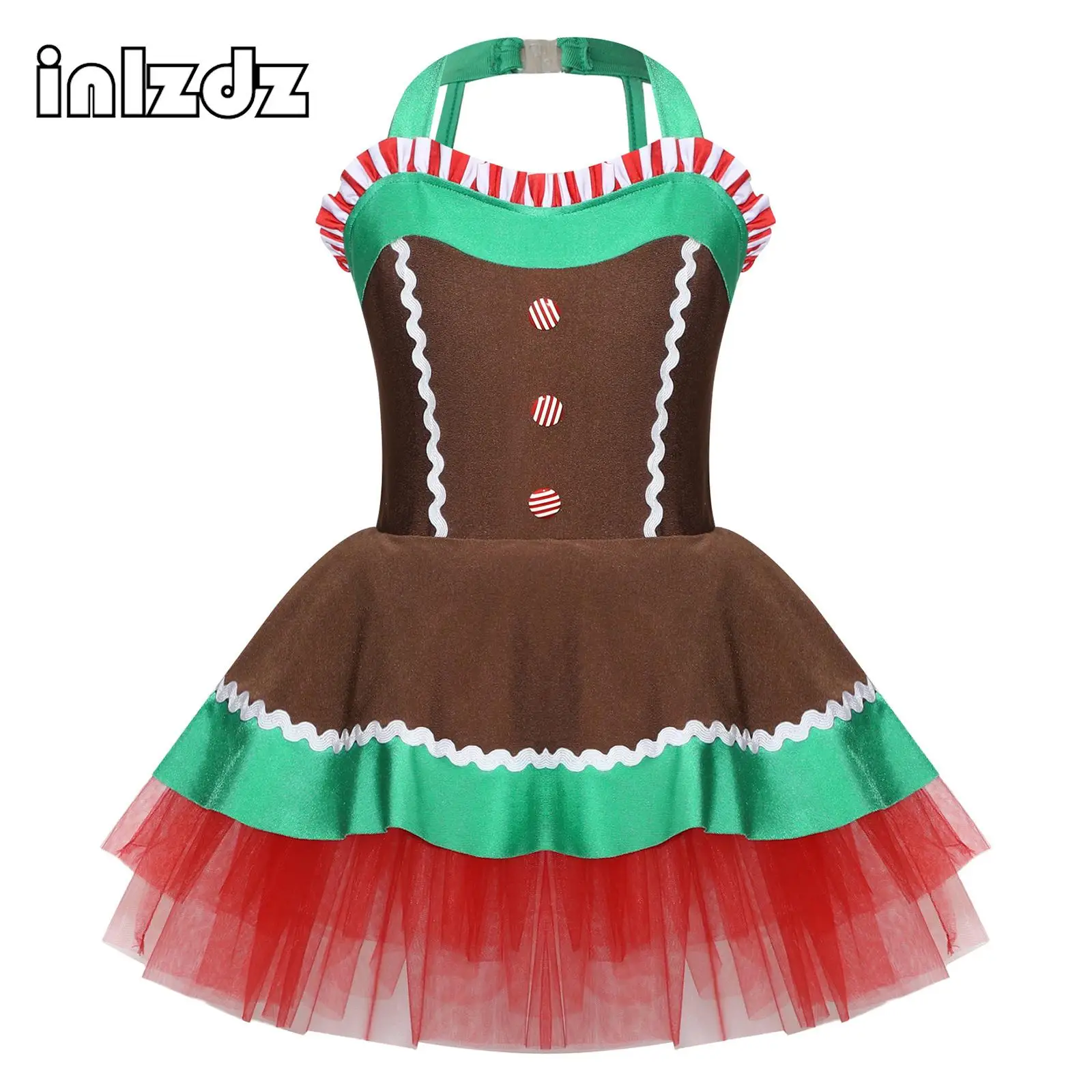 

Kids Girls Christmas Party Dress New Gingerbread Cookie Man Cosplay Dance Costume Ballet Tutu Figure Skating Gymnastics Leotard