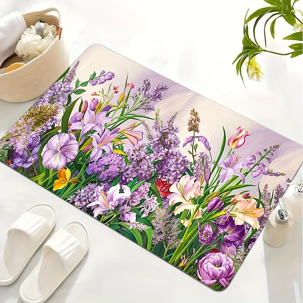2D Flat Purple Wildflower Bouquet Flannel Bath Mat Non Slip Spring Garden Theme Rug for Bathroom Toilet Floor Decor