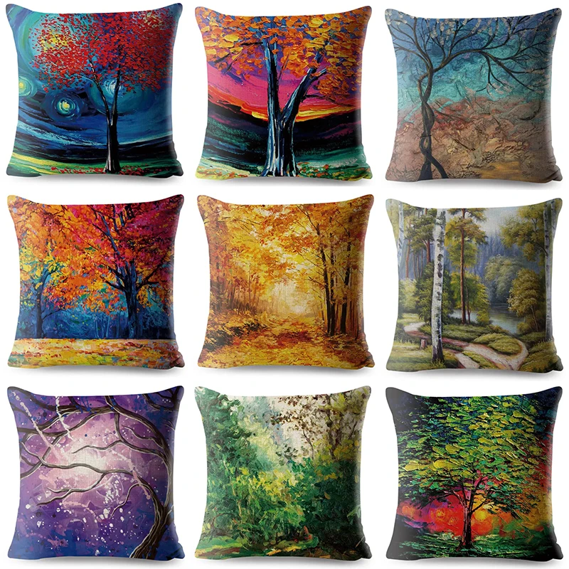 Colorful painting decorative trees forest series printed cushion cover suitable for home sofa bedroom 45*45 cm pillowcase