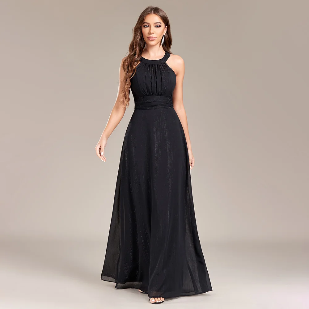 Women\'s New Backless Pleated Waist Party Dress Back Zipper Black A-Line Fully Lined Evening Gown Wedding Bridesmaid Dress Gown