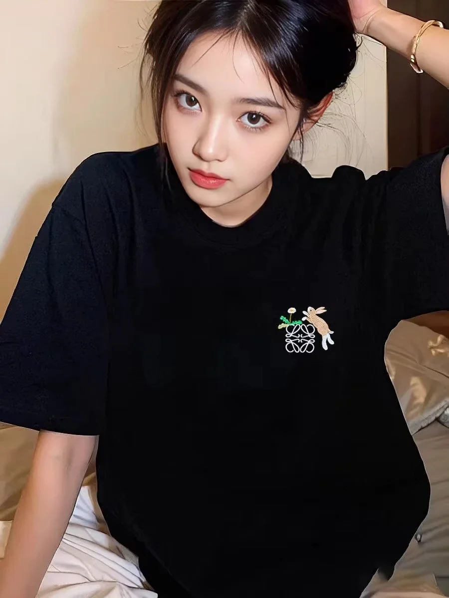 

High Quality Cotton Couple Short Sleeve T-shirt Summer Printed Rabbit Women's Casual Loose Half Sleeve Top Summer Tees Tops Tee