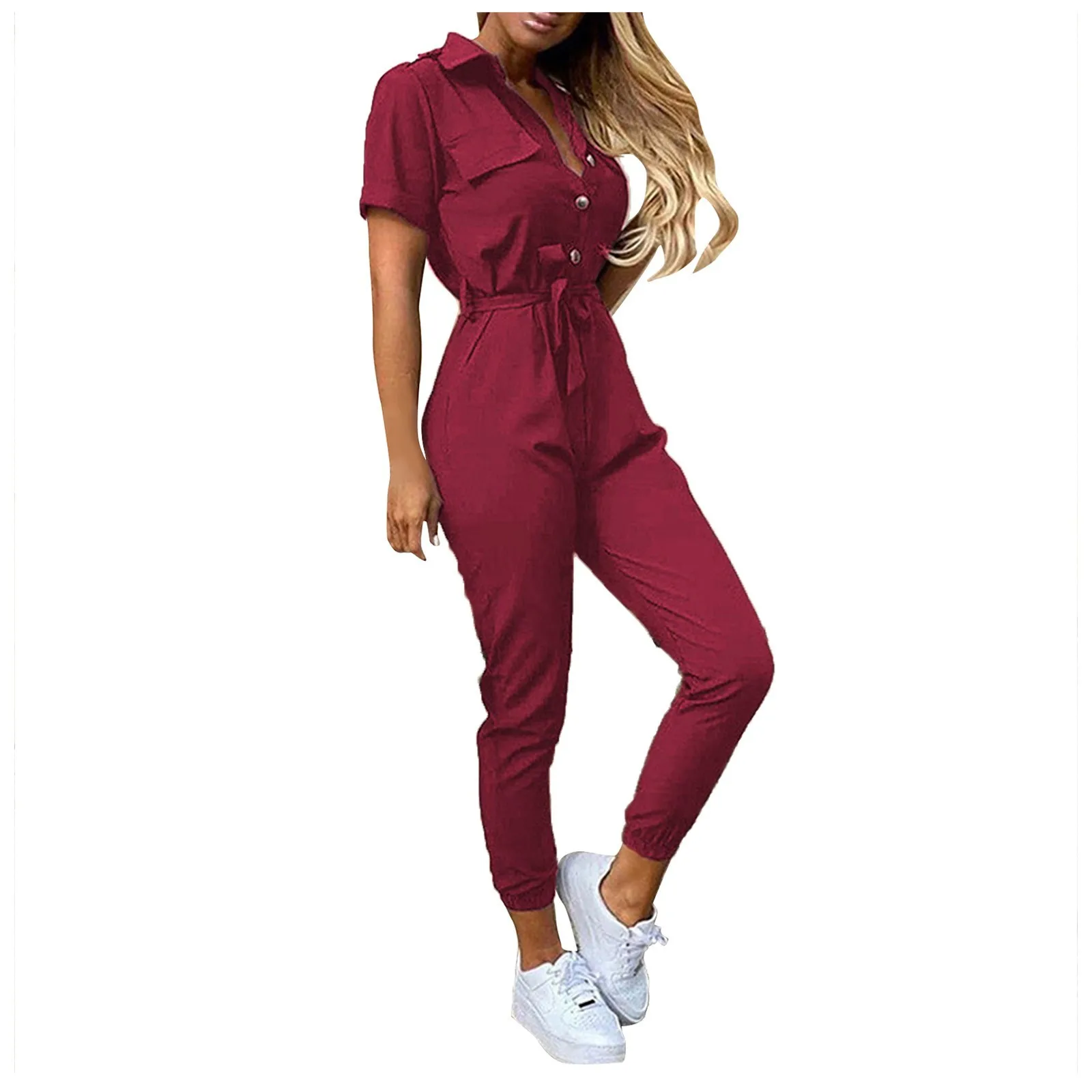 Jumpsuit kargo wanita, jumpsuit kargo musim panas kasual kerah bertali Solid lengan pendek, jumpsuit sederhana harian berpergian pas