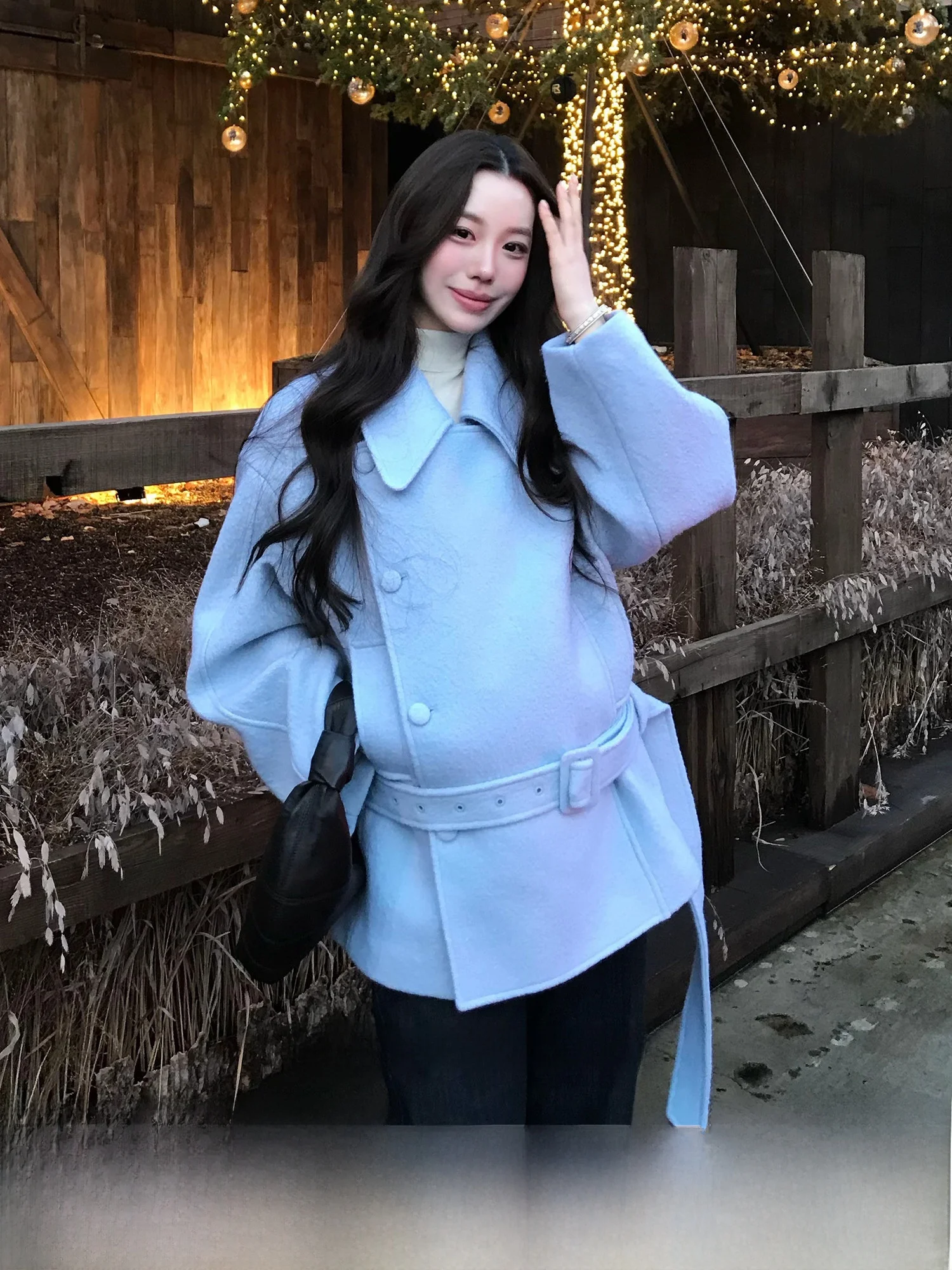 

LaluneDuCiel 00 шерстяное пальто, женское зимнее твидовое пальто средней длины с застежкой на талии, корейская повседневная верхняя одежда Long Sve