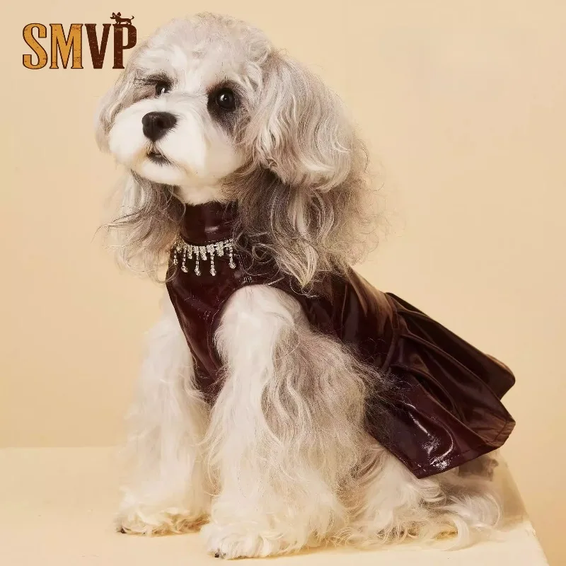 

Rhinestone High Neck Retro Burgundy Cortex Fabric Gown Light Luxury Celebrity Style Pet Kitten Small Medium Dog Dress