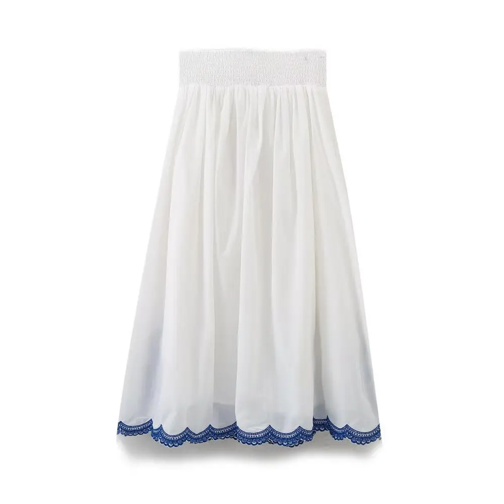 ZBZA Kemeja Kelelawar Bordir Wanita Setelan Rok Midi Atasan Kancing Sebaris Kerah V Longgar Rok A-line Pinggang Tinggi Set Chic Baru Musim Panas
