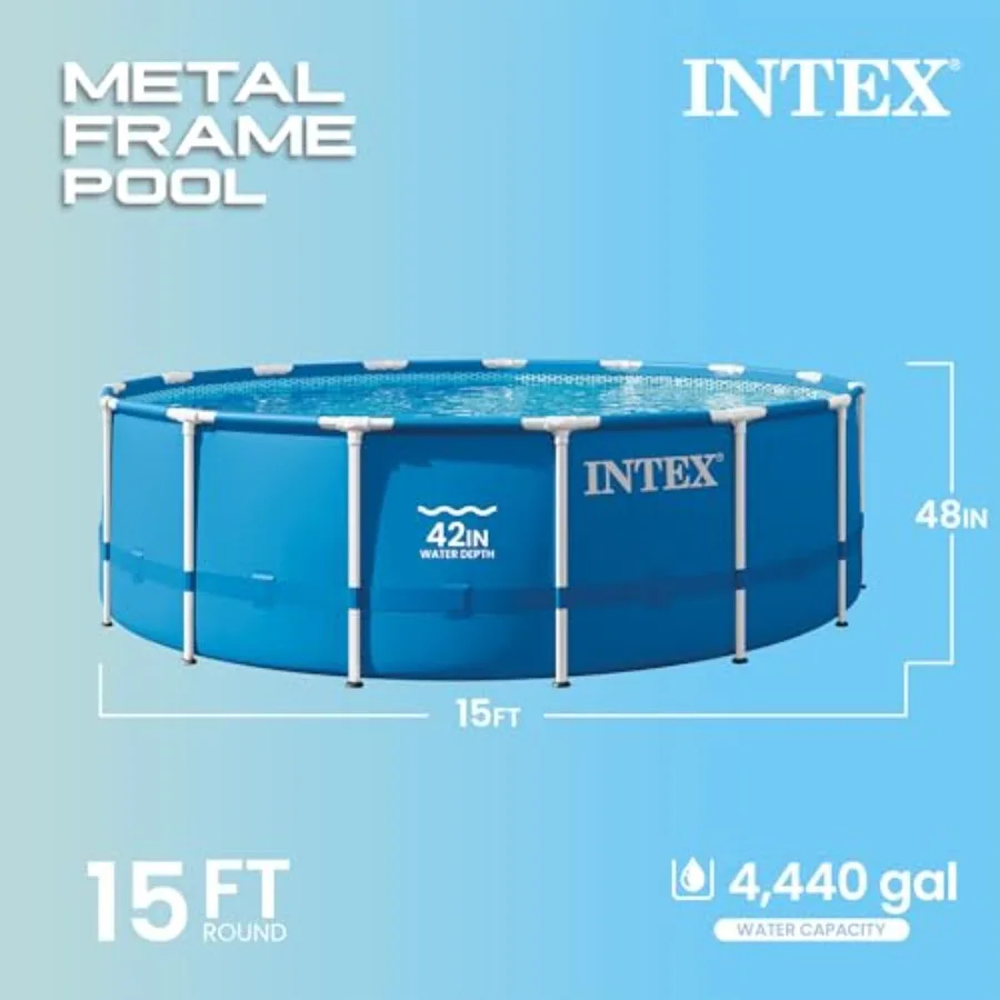 Above ground swimming pool set with metal frame, silver color, rust-resistant finish, includes 1000 GPH filter pump, removable